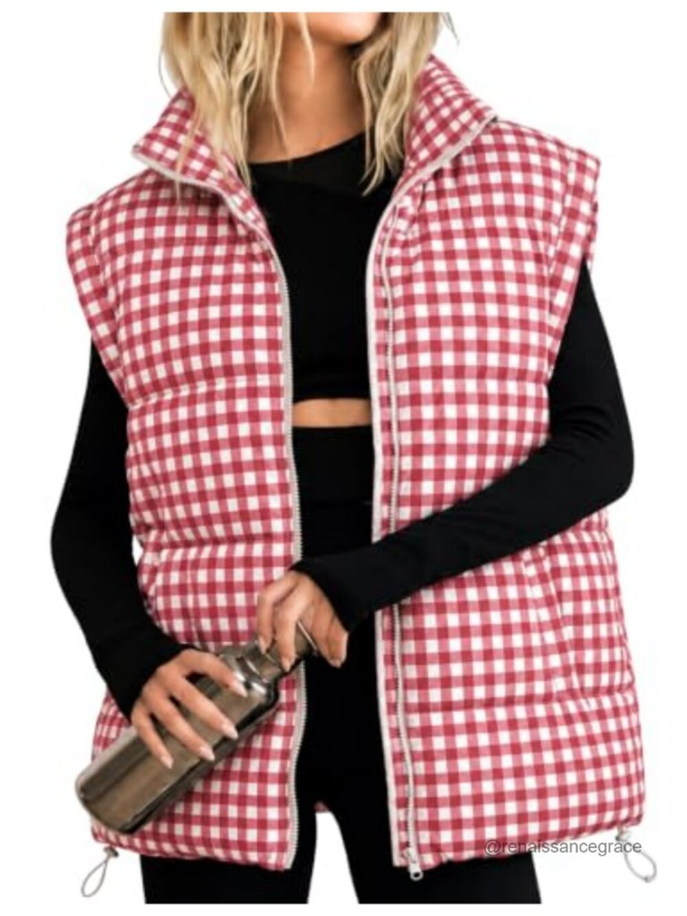 Women's Oversized Plaid Puffer Vest Zip Up Sleeveless Padded Gilet
